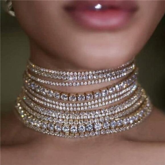 1-Piece High-End Exquisite Short Choker Necklace with Shiny Rhinestones - Picture 1 of 2